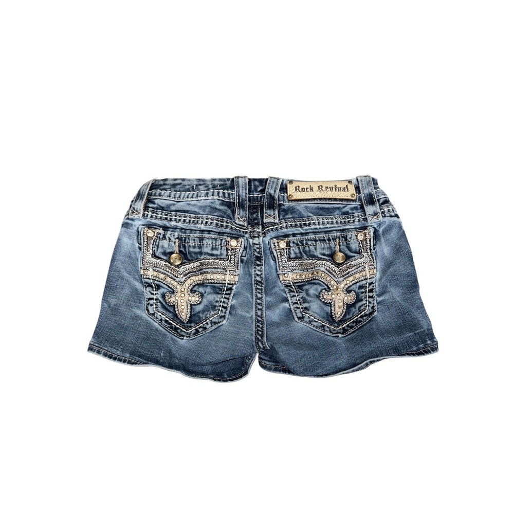Rock Revival Betty H16 Denim Shorts Womens 26 Blue Fleur De Lis Embellished